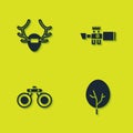 Set Deer antlers on shield, Tree, Binoculars and Sniper optical sight icon. Vector