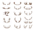 Set of deer antlers. Silhouettes of deers isolated on white background. Hand drawn vector illustration Royalty Free Stock Photo