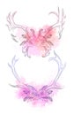 Set of deer horns with feather, rose and gentle watercolor splashes. Outline drawing Royalty Free Stock Photo