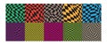 Set of deformated checkered backgrounds. Groovy psychedelic patterns with colorful warped squares. Preppy layouts with