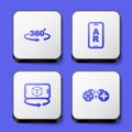 Set 360 degree view, Augmented reality AR, 3d modeling and Gamepad icon. White square button. Vector Royalty Free Stock Photo