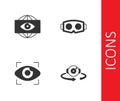 Set 360 degree view, Big brother electronic eye, and Virtual reality glasses icon. Vector Royalty Free Stock Photo