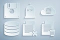 Set Delete file document, Cloud database, Database, , Tombstone with RIP written and Floppy disk icon. Vector Royalty Free Stock Photo