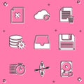 Set Delete file document, Cloud sync refresh, , Setting database server, Social media inbox and Floppy disk icon. Vector Royalty Free Stock Photo