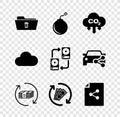 Set Delete folder, Bomb ready to explode, CO2 emissions in cloud, Refund money, and Share file icon. Vector Royalty Free Stock Photo