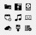 Set Delete folder, Floppy disk in the 5.25-inch, Hard drive HDD, Cloud sync refresh, backup and Server setting icon Royalty Free Stock Photo