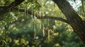 A set of delicate bone wind chimes hanging from a tree branch used for divination and communication with the spirit Royalty Free Stock Photo