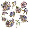 Set of delicate watercolor flowers. Roses peonies lilacs. Bouquets and individual flowers for decoration