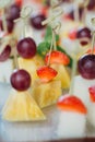 Set of delicious canapes with strawberry, pineapple, melon and grape.