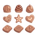 A set of delicious chocolates. Sweet, desserts. Praline in the shape of heart, star, snowflake, leaf. Candies for