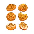 A set of delicious cinnamon buns on a white background. A heart-shaped bun. Vector illustration