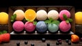 Set of delicious colorful mochi with colorful berries and mint leaves on a plate. Sweet, fresh and healthy dessert cuisine.