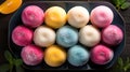 Set of delicious colorful mochi on a plate. Vibrant, colorful cuisine of sweet treats entices with freshness and sweetness. Royalty Free Stock Photo