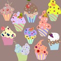 Set of delicious cupcakes, vector illustration of yummy muffins