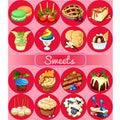 A set of delicious desserts and festive food. Sketch for holiday stickers, cards or party invitation. Cake pops, macaron