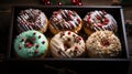 Set of delicious festive donuts with Christmas decoration in a gift box. Generative AI Royalty Free Stock Photo