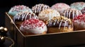 Set of delicious festive donuts with Christmas decoration in a gift box. Generative AI