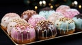 Set of delicious festive donuts with Christmas decoration in a gift box. Generative AI Royalty Free Stock Photo