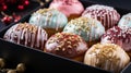 Set of delicious festive donuts with Christmas decoration in a gift box. Generative AI