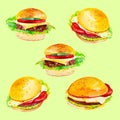 Set of delicious fresh burgers. Watercolor illustration isolated on green background.Seamless pattern Royalty Free Stock Photo