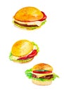 Set of delicious fresh burgers. Watercolor illustration isolated on white background Royalty Free Stock Photo