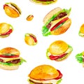 Set of delicious fresh burgers. Watercolor illustration isolated on white background.Seamless pattern Royalty Free Stock Photo