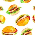 Set of delicious fresh burgers. Watercolor illustration isolated on white background.Seamless pattern Royalty Free Stock Photo