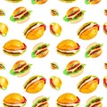 Set of delicious fresh burgers. Watercolor illustration isolated on white background.Seamless pattern Royalty Free Stock Photo