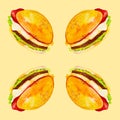 Set of delicious fresh burgers. Watercolor illustration isolated on yellow background.Seamless pattern Royalty Free Stock Photo