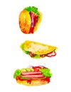 Set of delicious fresh hamburger,quesadilla and hot dog sausages with herbs,cucumbers and tomatoes. Watercolor illustrations Royalty Free Stock Photo