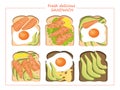 Set of delicious fresh sandwiches with toast bread consisting of a fried egg, salmon, avocado, lemon, cheese and sesame