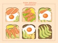 Set of delicious fresh sandwiches with toast bread consisting of a fried egg, salmon, avocado, lemon, cheese and sesame