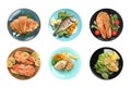 Set with delicious freshly cooked fish dishes on background, top view Royalty Free Stock Photo