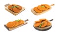 Set with delicious fried breaded cutlets on white background