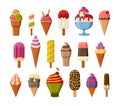 Set of delicious ice cream icons. Fruit, vanilla and chocolate flavors. Ice lolly, sundae in cone and eskimo. Vector Royalty Free Stock Photo