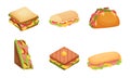 Set of delicious juicy sandwiches filled with vegetables, cheese, meat, bacon. Vector illustration in flat cartoon style Royalty Free Stock Photo