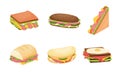 Set of delicious juicy sandwiches filled with vegetables, cheese, meat, bacon. Vector illustration in flat cartoon style Royalty Free Stock Photo