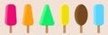 Set of delicious multi-colored fruit sweet ice cream on a wooden stick for the design of advertising posters for the manufacture