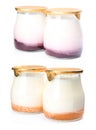 Set of delicious natural yogurts in jars on background