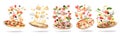 Set with delicious pizzas and flying ingredients on background, banner design Royalty Free Stock Photo