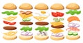 Set of delicious sandwich illustrations ss Burgers set. Ingredients: buns, cheese, bacon, tomato, onion, lettuce, cucumbers, pickl