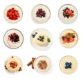 Set with delicious semolina puddings on white background, top view Royalty Free Stock Photo