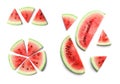 Set of delicious sliced ripe watermelon on white background, top view