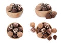 Set with delicious sweet chocolate truffles on white background Royalty Free Stock Photo