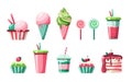 Set of delicious sweet desserts. Isolated vector illustration