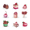 Set of delicious sweet desserts made of chocolate, strawberry and forest fruit. Royalty Free Stock Photo