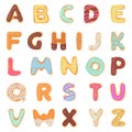 Set of delicious, sweet, like donuts, glazed, chocolate, yummy, tasty, shaped alphabet font letters isolated on white