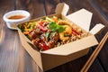 Set of delivery asian food with rice, salads, sauces and meat. Generative AI Royalty Free Stock Photo