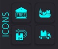 Set Delivery cargo truck, Free storage, Cargo ship with boxes delivery and Return cardboard icon. Black square button Royalty Free Stock Photo