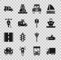 Set Delivery cargo truck, Submarine, Cargo ship, TV News, Scooter, Minibus and Parking icon. Vector Royalty Free Stock Photo
